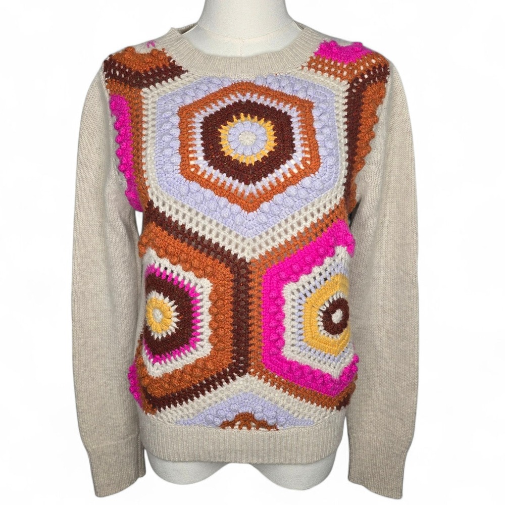 Autumn Cashmere‎ Crochet Front Geometric Patchwork Mojave Multicolor Cashmere XS